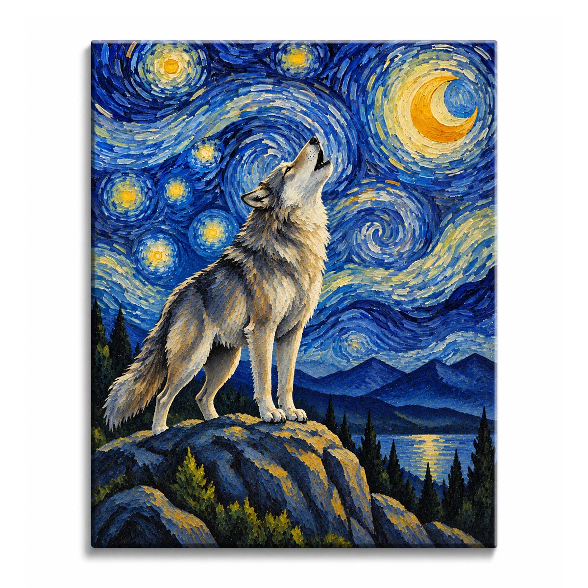 Moonlight curls through a Van Gogh style howling wolf paint by numbers design, with a gray wolf on blue rocks above dark pines and a reflective lake.