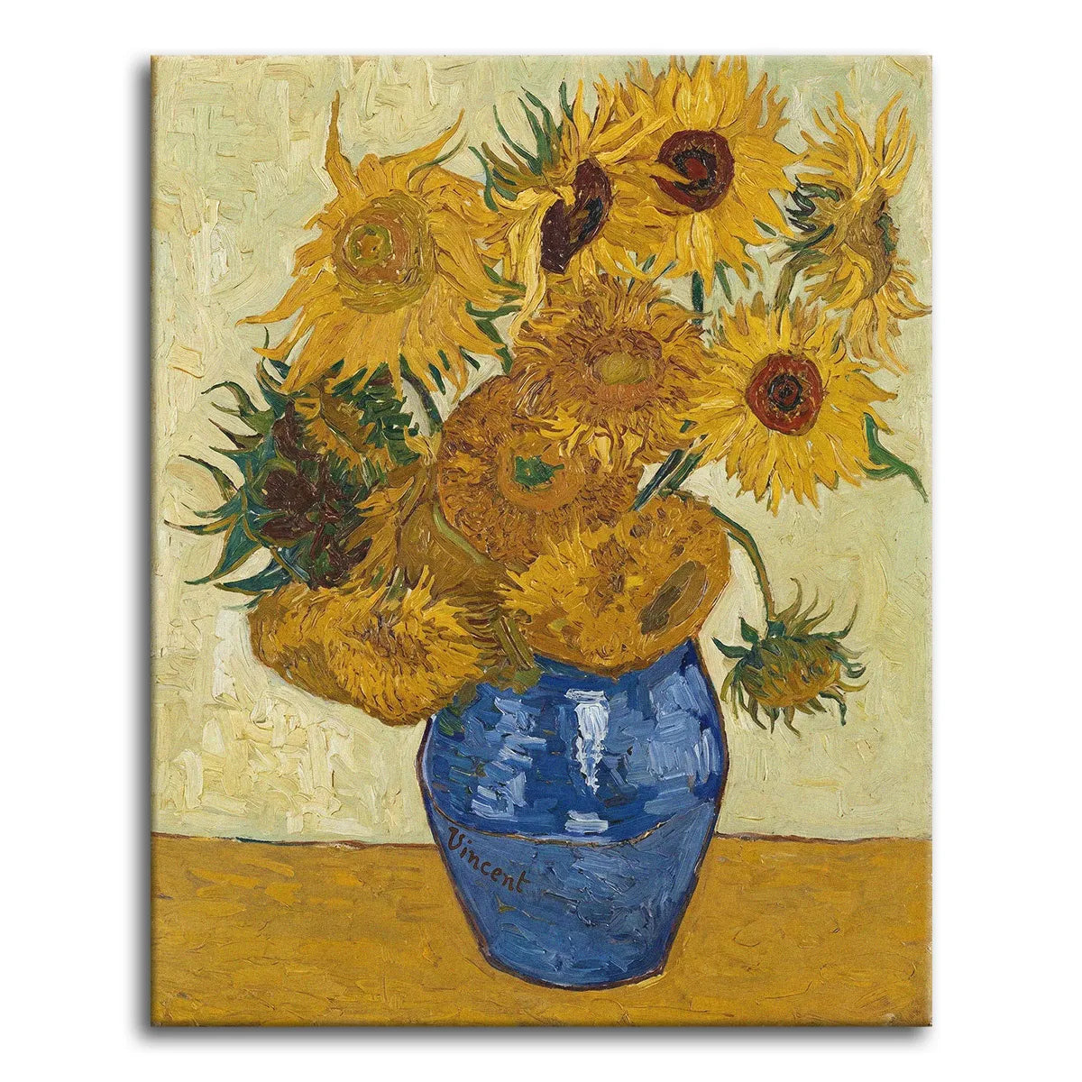 Van Gogh's Sunflowers, a vase of golden sunflowers against an ochre wall in thick post-impressionist brushwork, shown as a paint by numbers canvas.