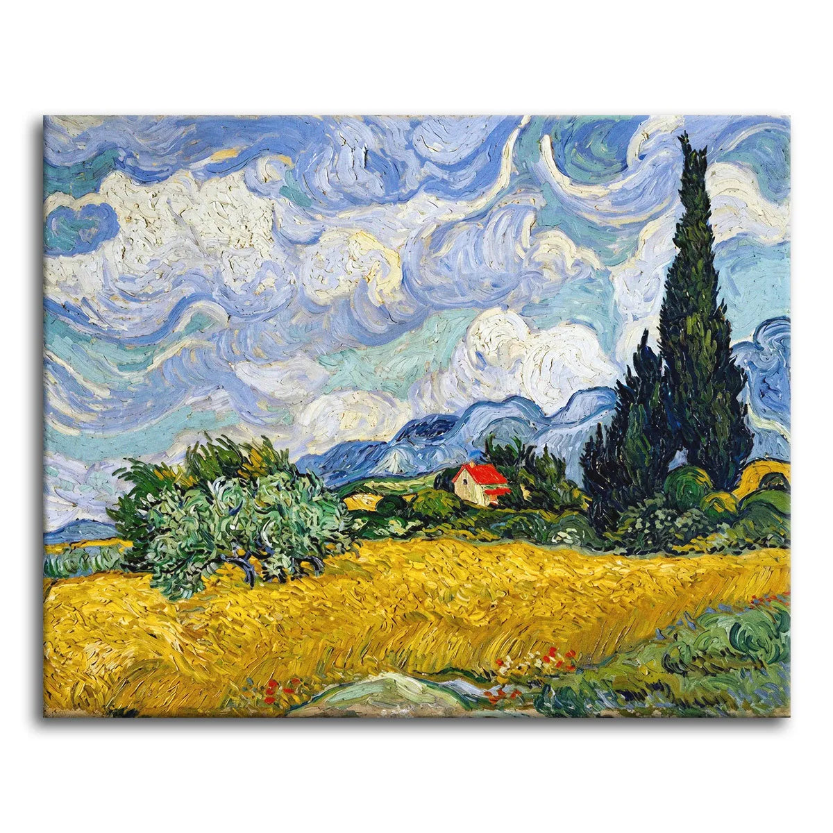 A paint by numbers version of Van Gogh's Wheat Field with Cypresses, with a golden wheat field, a tall dark cypress, and a swirling blue-and-white sky.