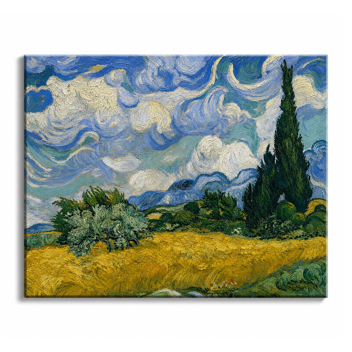 Wind turns through a blue and cream sky above a gold wheat field and a tall dark cypress, in a paint by numbers design.