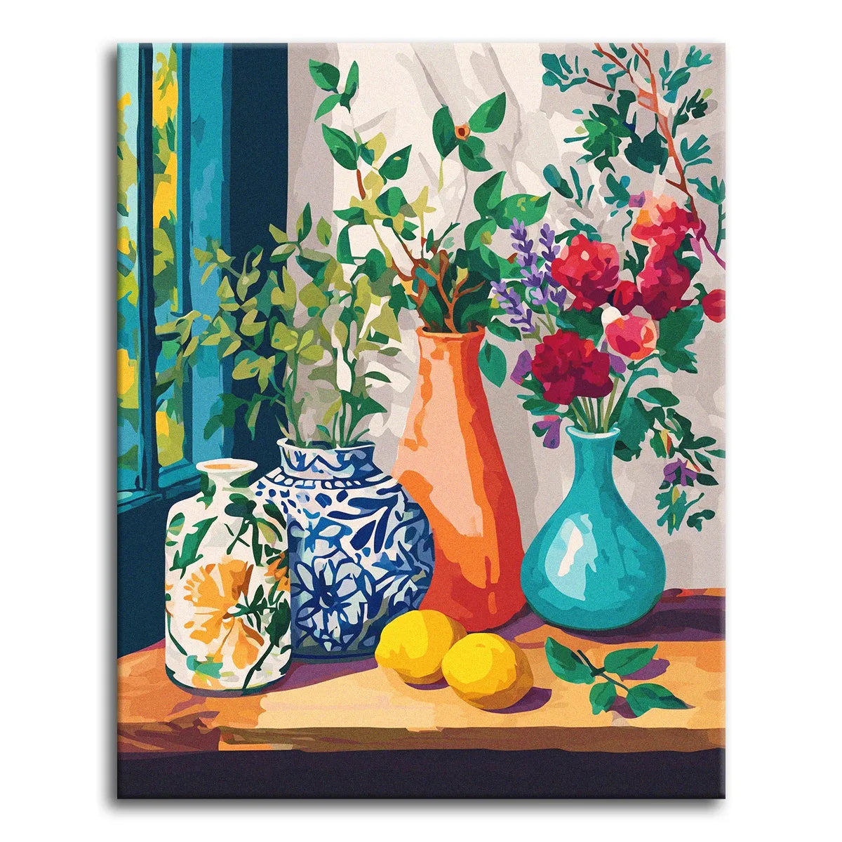 A paint by numbers still life with four colorful vases of flowers and greenery on a sunlit windowsill and two lemons on the table.