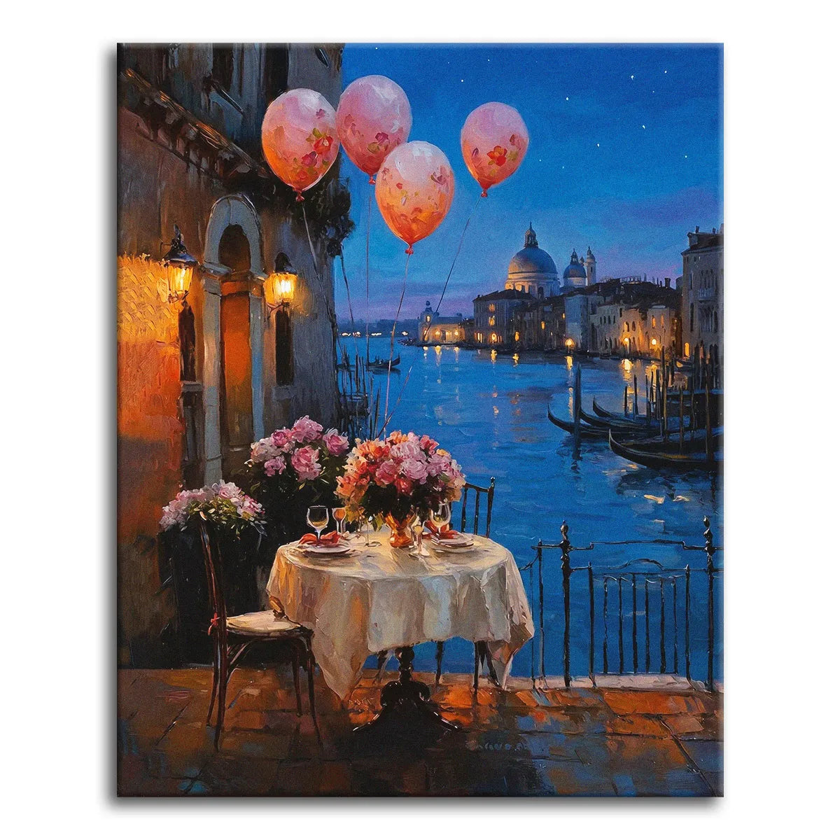 A paint by numbers canvas of a candlelit dinner table for two on a terrace above a Venice canal at dusk, with pink balloons, moored gondolas, and a domed church.