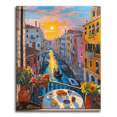 A paint by numbers Venice canal at sunrise seen from a balcony with coffee, croissants, sunflowers, and a gondola below.