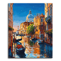 A paint by numbers canvas of a Venice canal at twilight, with moored gondolas, warm reflections on the water, and a domed church under a starry sky.