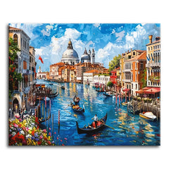 A paint by numbers canvas of Venice's Grand Canal with gondolas on blue water, historic buildings, a domed basilica, and flowers in the foreground.