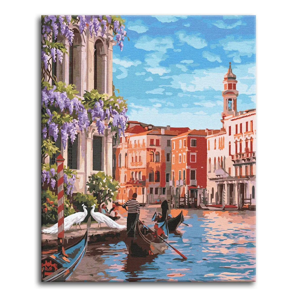 A paint by numbers canvas of a sunlit Venice canal with a gondolier, coral palazzos, a bell tower, cascading purple wisteria, and two white peacocks on the quay.