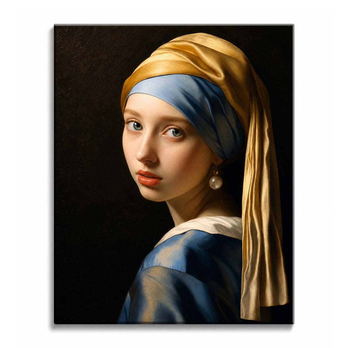 A girl in a blue and gold turban glances over her shoulder, a pearl at her ear, in a paint by numbers design.