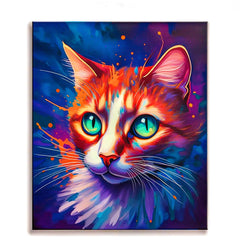 Vibrant orange tabby cat portrait with teal eyes and colorful paint splashes on a deep blue purple background paint by numbers design.