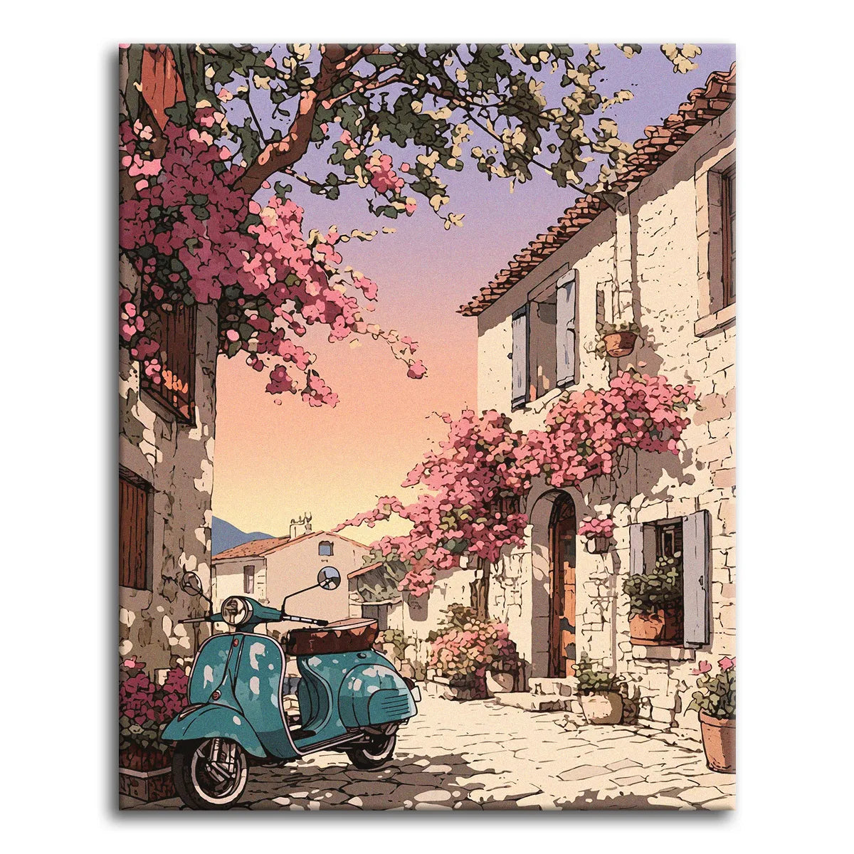 A paint by numbers cobbled village lane at dusk with a teal scooter and stone houses draped in pink bougainvillea.