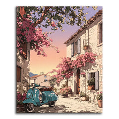 A paint by numbers cobbled village lane at dusk with a teal scooter and stone houses draped in pink bougainvillea.