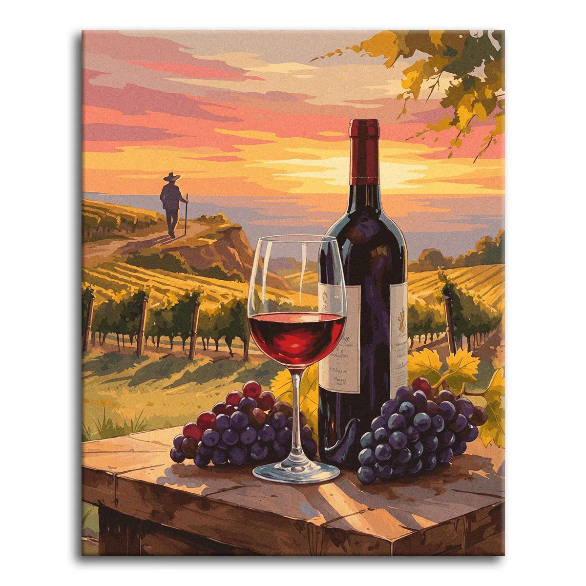 A paint by numbers canvas of a glass of red wine and a bottle on a wooden ledge above sunlit vineyard rows at sunset, with grape clusters and a lone walker.
