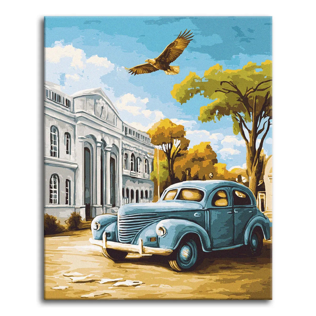 A vintage paint by numbers scene of a classic blue car parked outside a grand white mansion, with an eagle soaring overhead and golden-green trees under a bright cloudy sky.