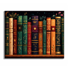 A shelf of ornate vintage books in deep green, red, orange, and navy with gold botanical decorations, flowers, and celestial details.