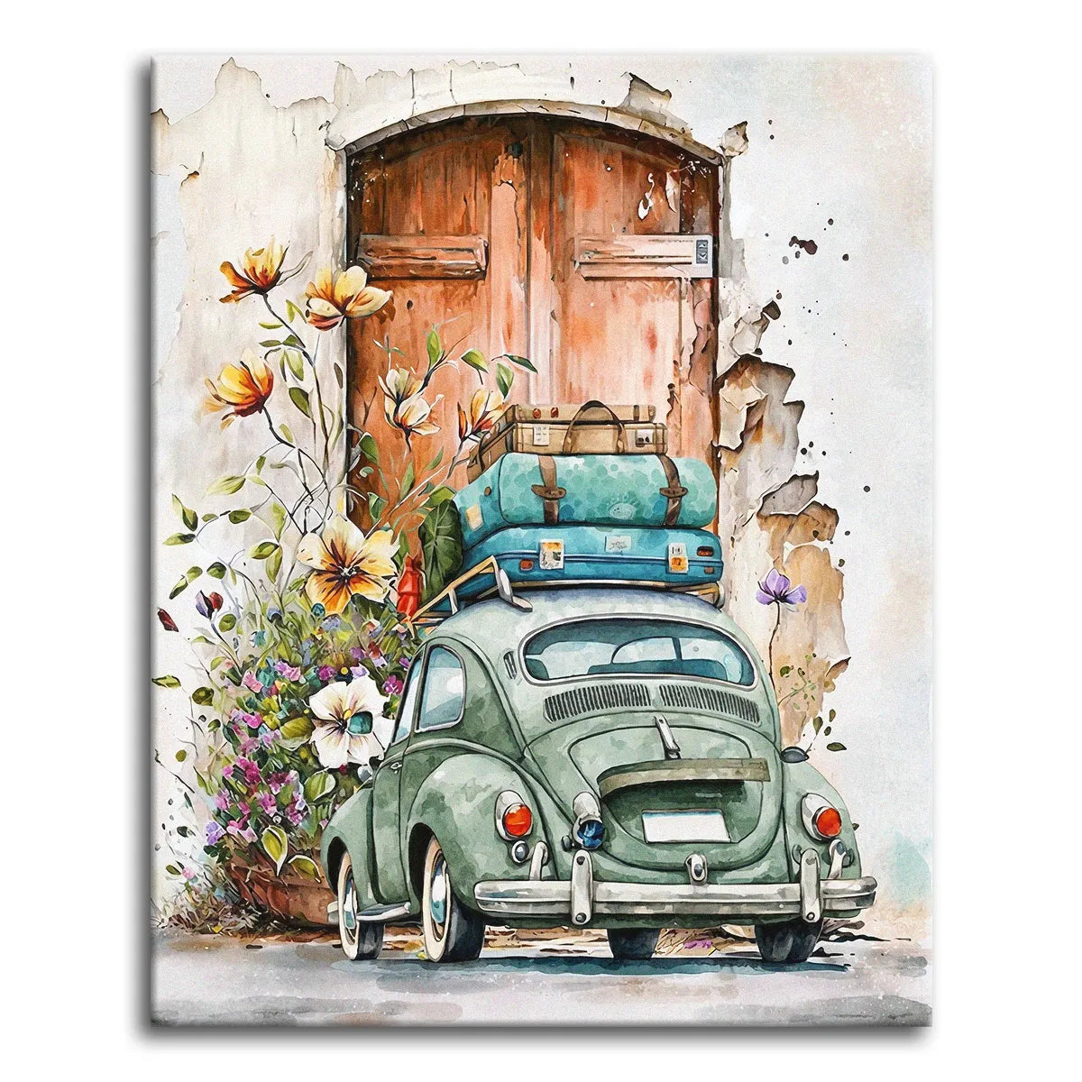 A soft watercolor-style paint by numbers scene of a vintage green car loaded with stacked suitcases, parked by a weathered wooden doorway surrounded by wildflowers.