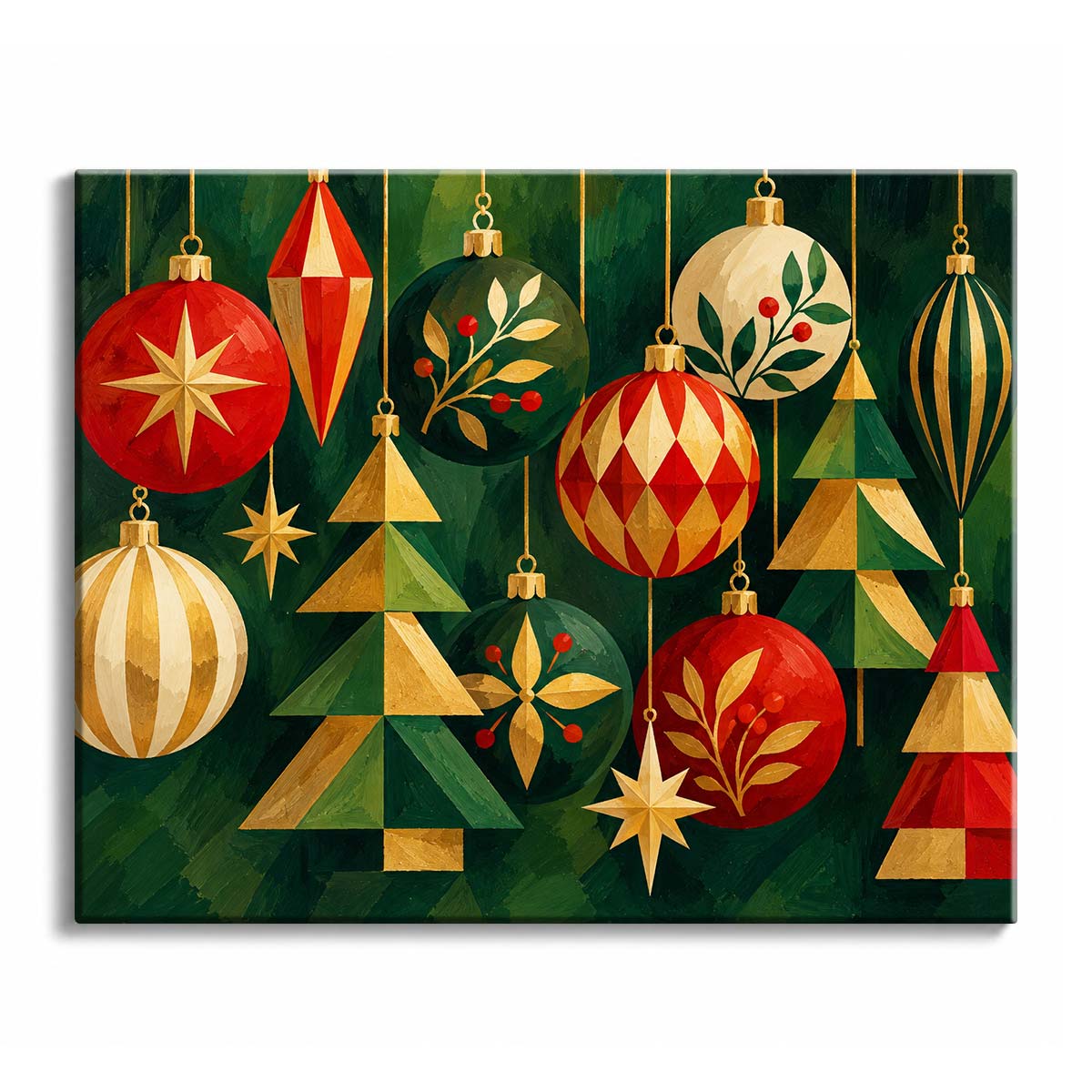 A paint by numbers design of vintage Christmas ornaments against deep green, with gold stars, leafy motifs, striped decorations, and stylized fir trees.