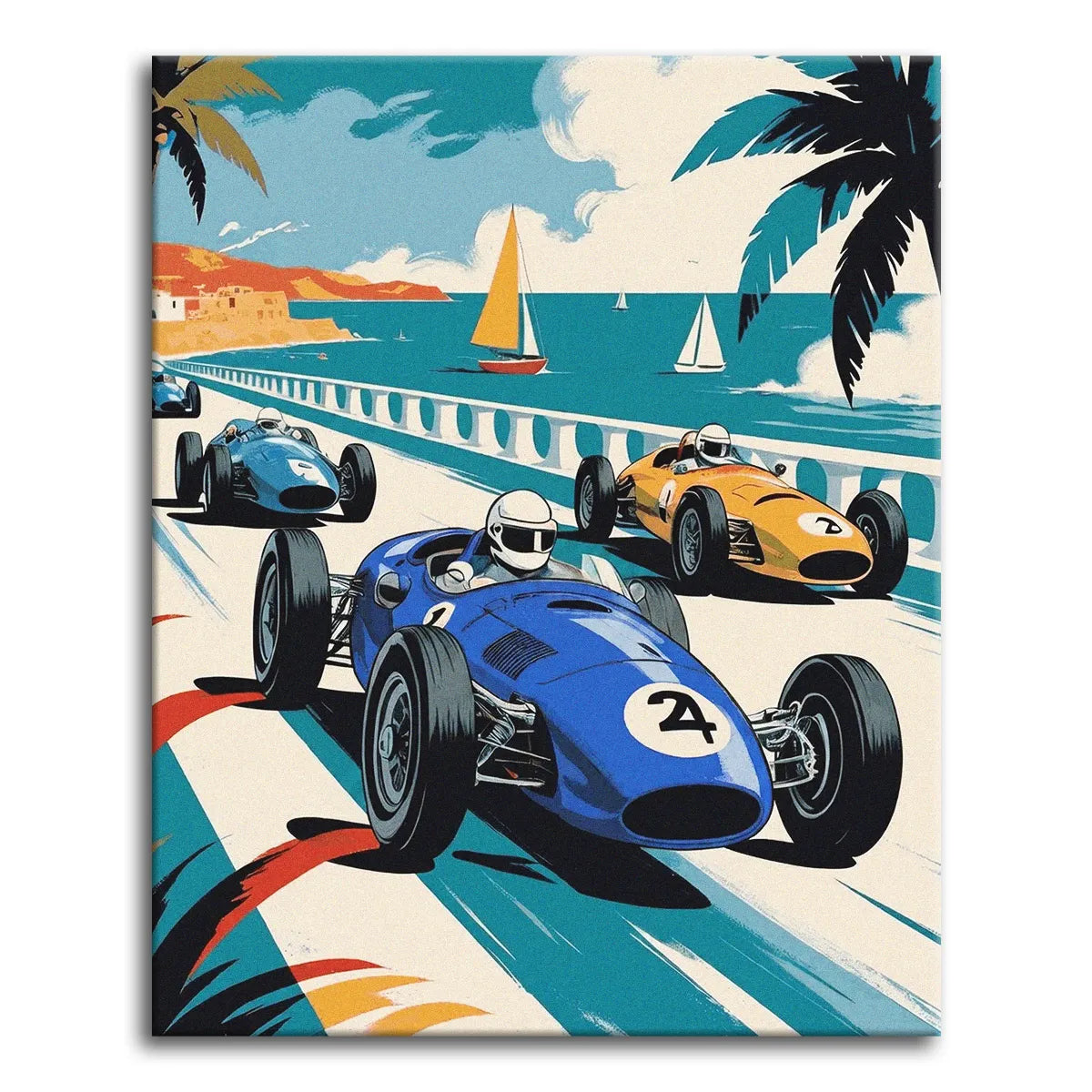 A bold vintage travel-poster style paint by numbers scene of three classic racing cars speeding along a coastal road, with sailboats on a turquoise sea, palm trees, and a seaside town in the background.