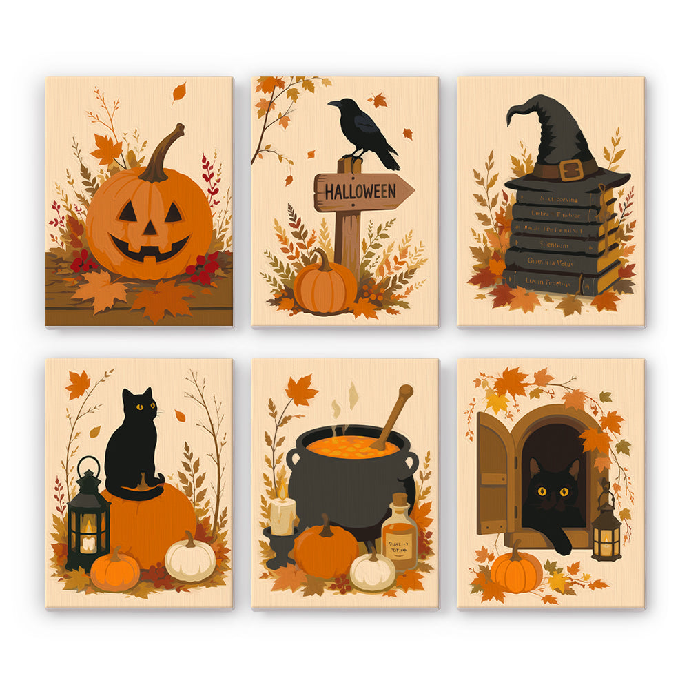 On warm cream backgrounds framed by autumn leaves, a jack-o'-lantern, a crow on a Halloween sign, a witch hat on spellbooks, and black cats fill a vintage halloween paint by numbers mini set.