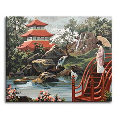 Vintage-style Japanese garden with a red tiered pagoda, a blossoming tree, waterfalls over dark rocks, and a woman in a kimono with a parasol crossing a red arched bridge over a pond.