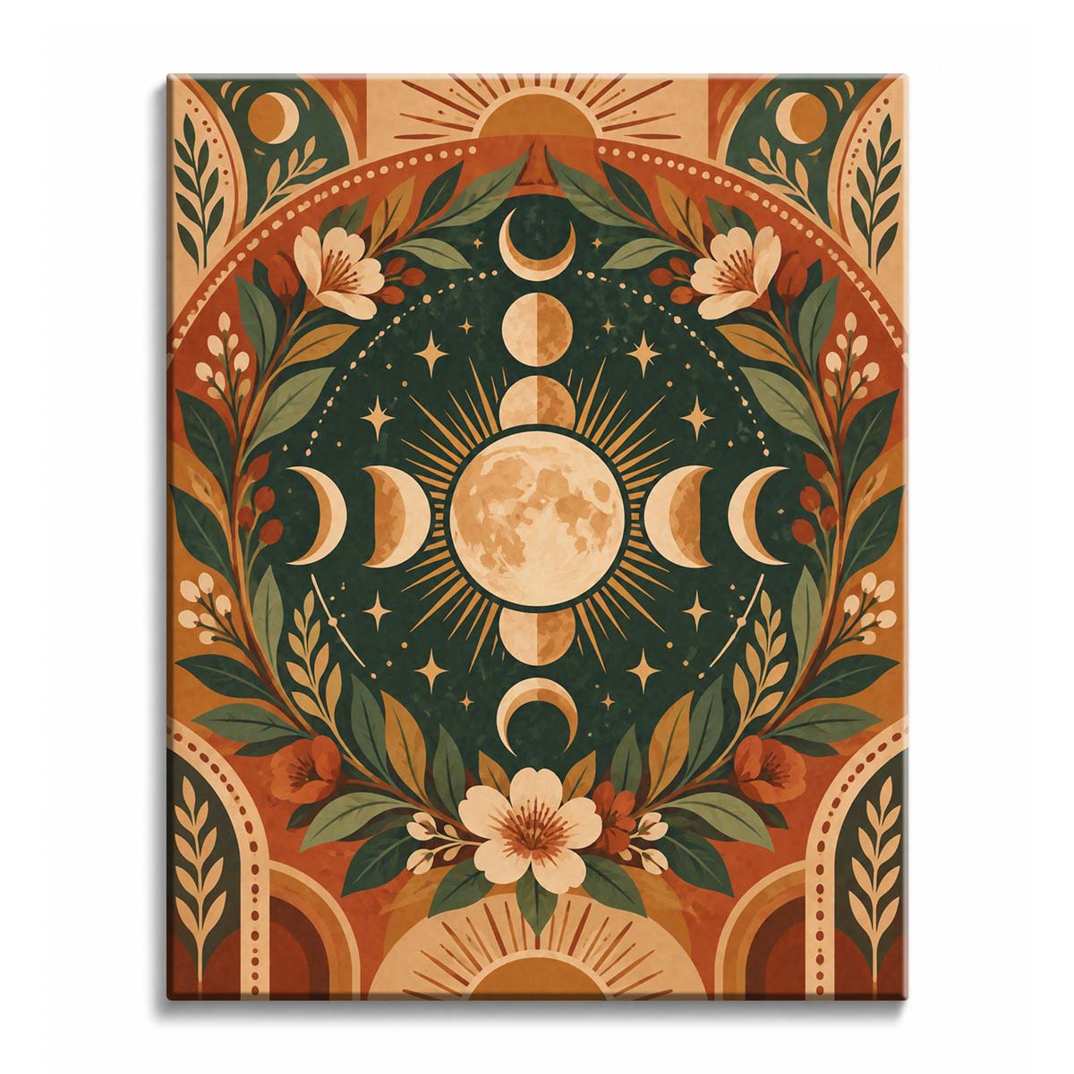 Vintage moon phases paint by numbers design with a large cream full moon, crescent phases, flowers, leafy branches, and sunburst ornaments on a dark green ground.