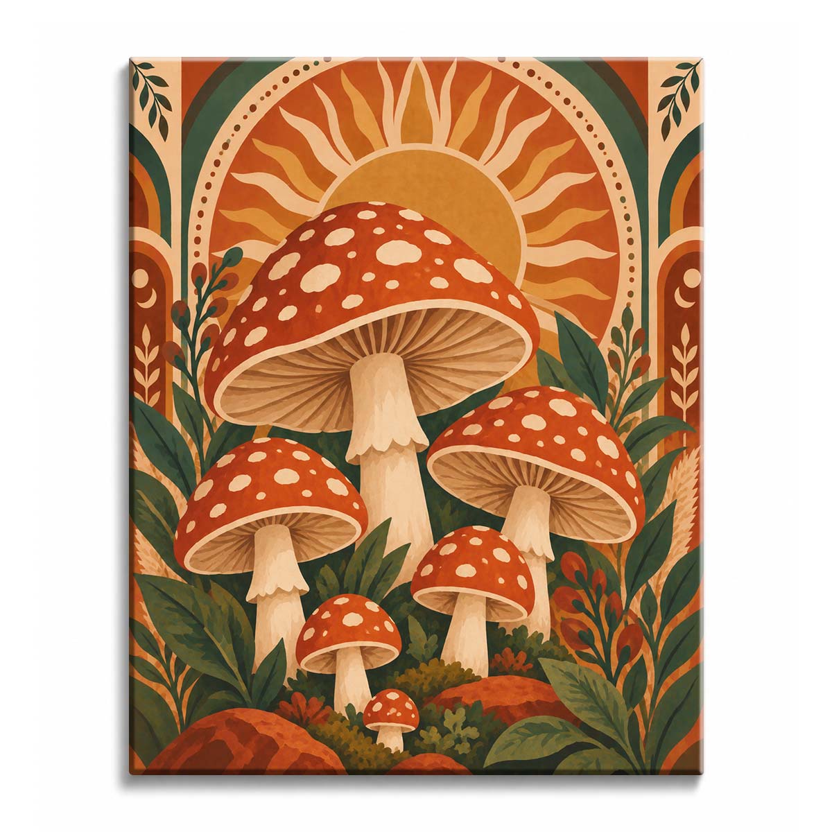 A vintage mushroom paint by numbers design with spotted red caps, layered green foliage, and a radiating sun motif.