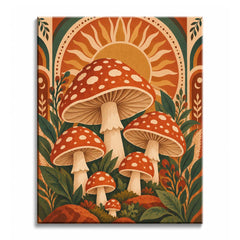 A vintage mushroom paint by numbers design with spotted red caps, layered green foliage, and a radiating sun motif.
