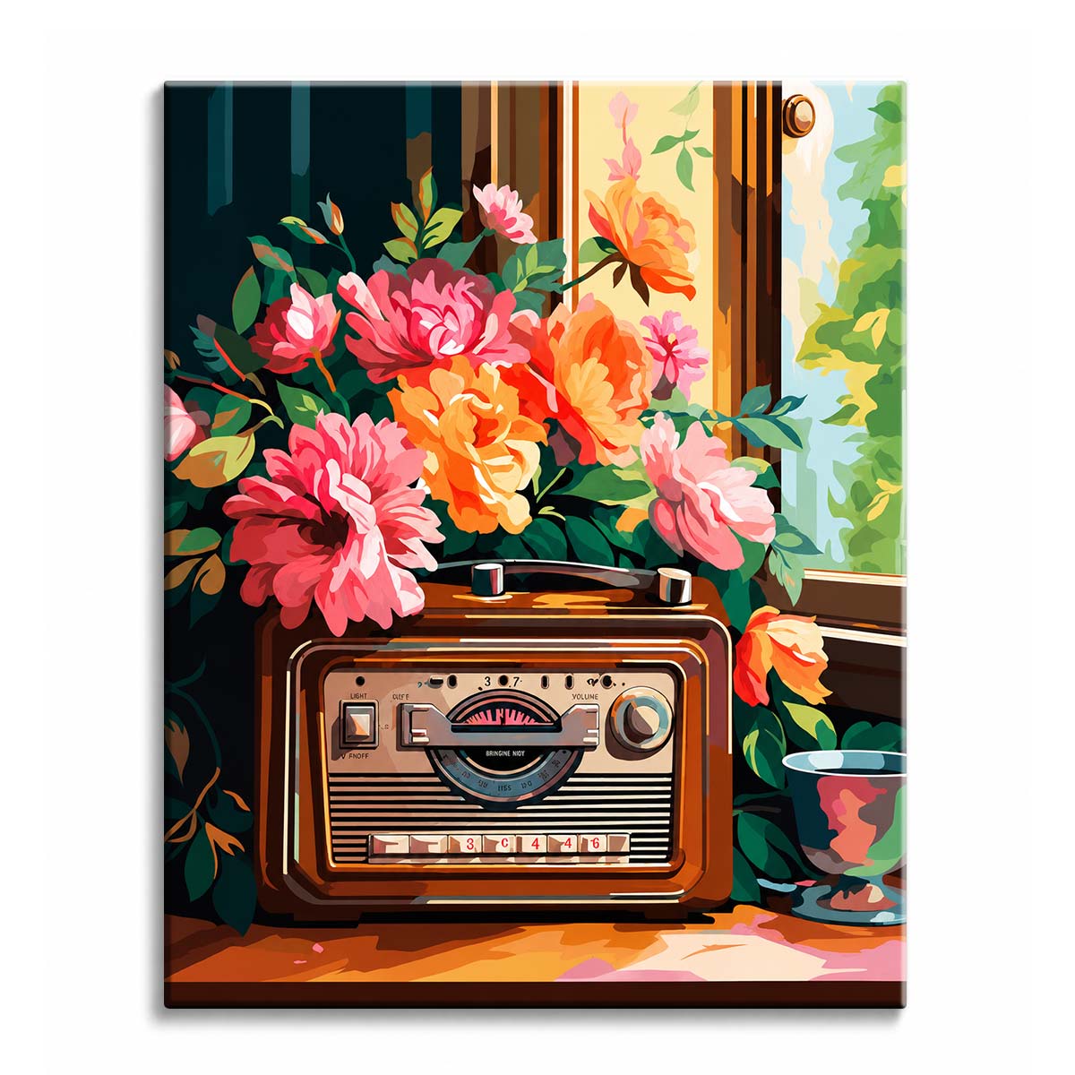 A wooden vintage radio on a windowsill with pink and coral peonies behind it, shown as a paint by numbers canvas.