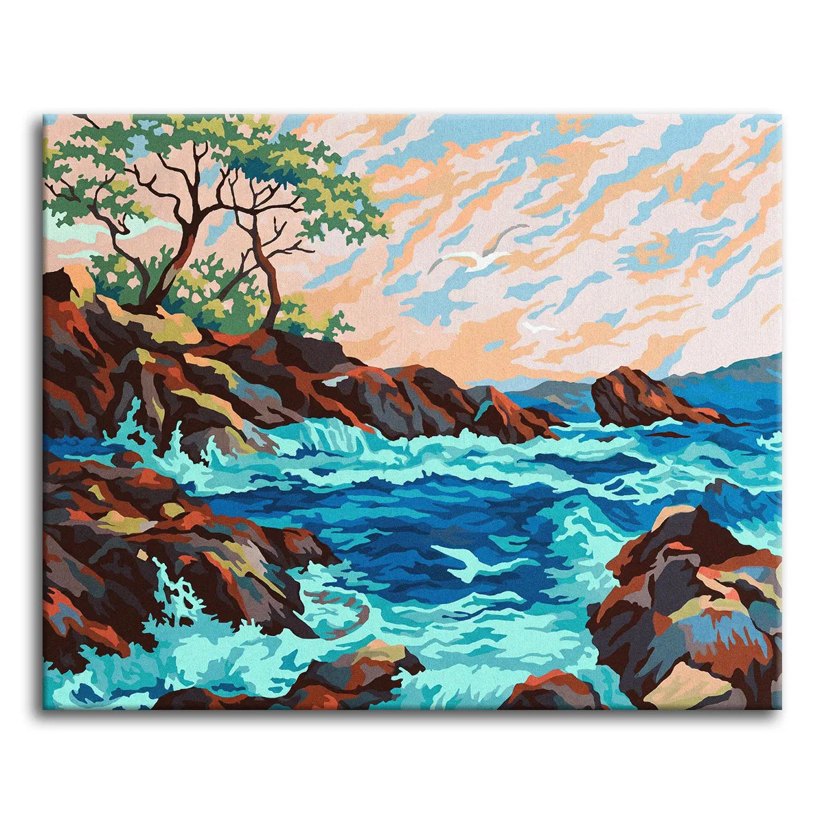 Stylized vintage seascape with turquoise waves crashing against rust-colored rocks, a windswept tree on a cliff at left, gulls in flight, and a peach-and-blue sky at dusk.