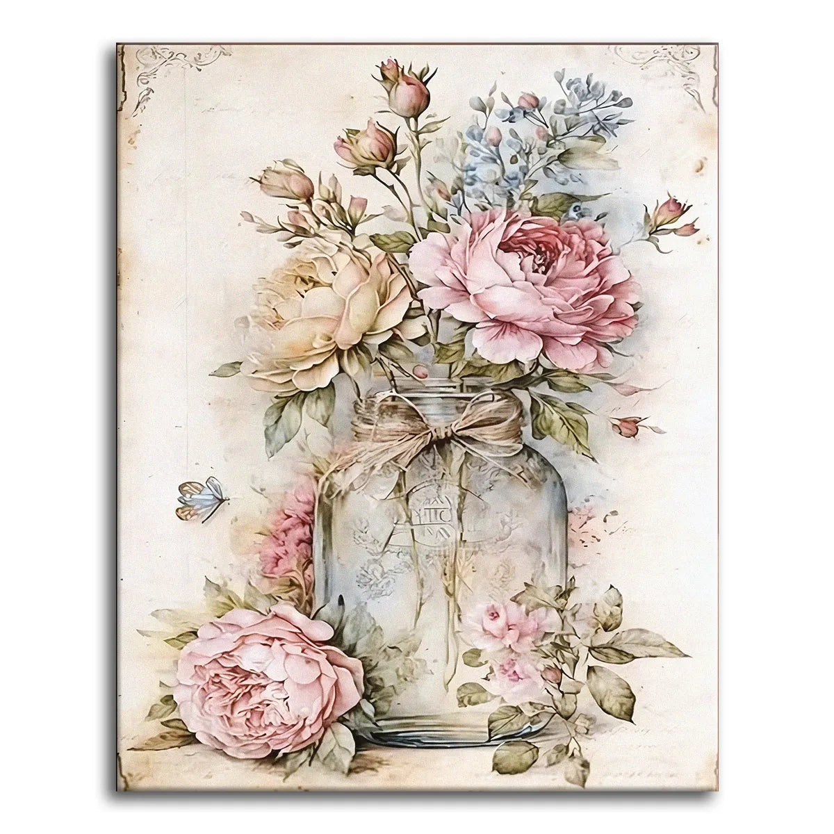 Blush and cream roses in a twine-tied mason jar with a butterfly on an aged sepia paper background, shown as a paint by numbers canvas.