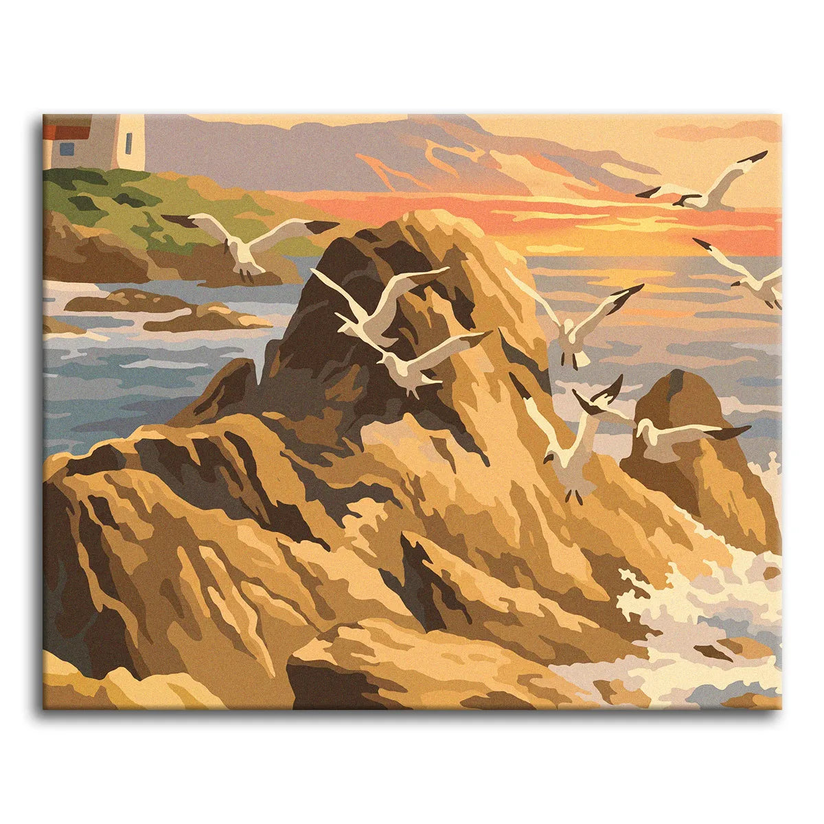Vintage seascape in golden tones with seagulls flying over sunlit rocky cliffs, waves below, a small lighthouse on the headland, and an orange sunset over the sea.
