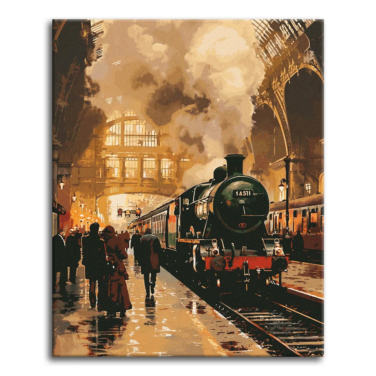A dramatic vintage paint by numbers scene of a green-and-red steam locomotive pulling into a grand old railway station, with arched ironwork, billowing smoke, platform figures, and warm amber light reflecting off the wet platform.