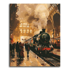 A dramatic vintage paint by numbers scene of a green-and-red steam locomotive pulling into a grand old railway station, with arched ironwork, billowing smoke, platform figures, and warm amber light reflecting off the wet platform.