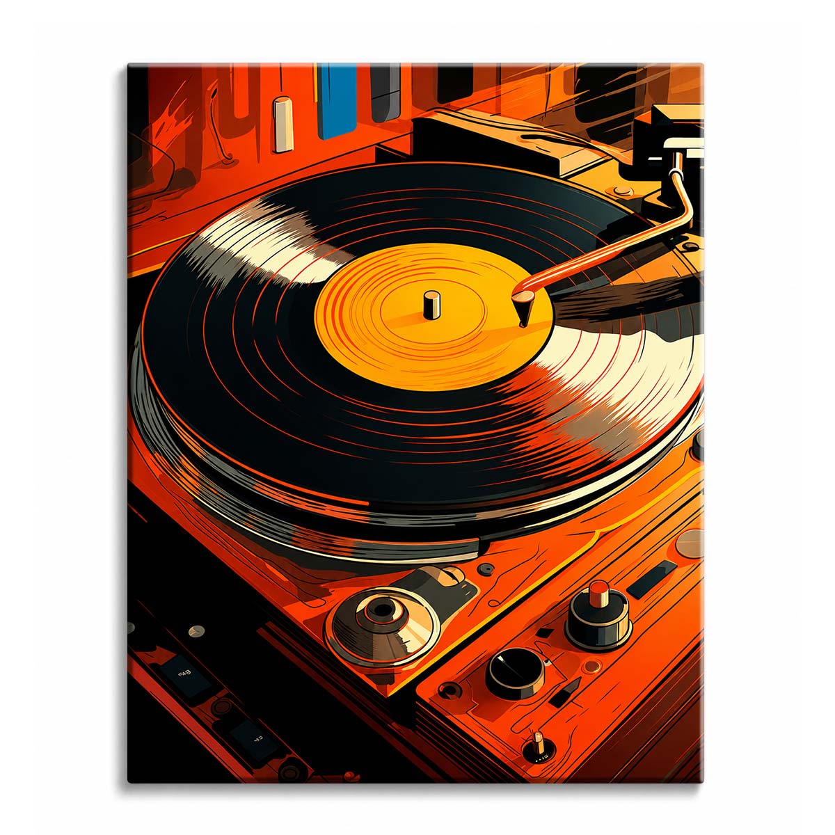 A vinyl record spinning on an orange turntable with the needle down, in bold retro comic style, shown as a paint by numbers canvas.