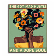 A retro paint by numbers design of a woman with vinyl records arranged as her hair on a sage green background with the words She Got Mad Hustle.