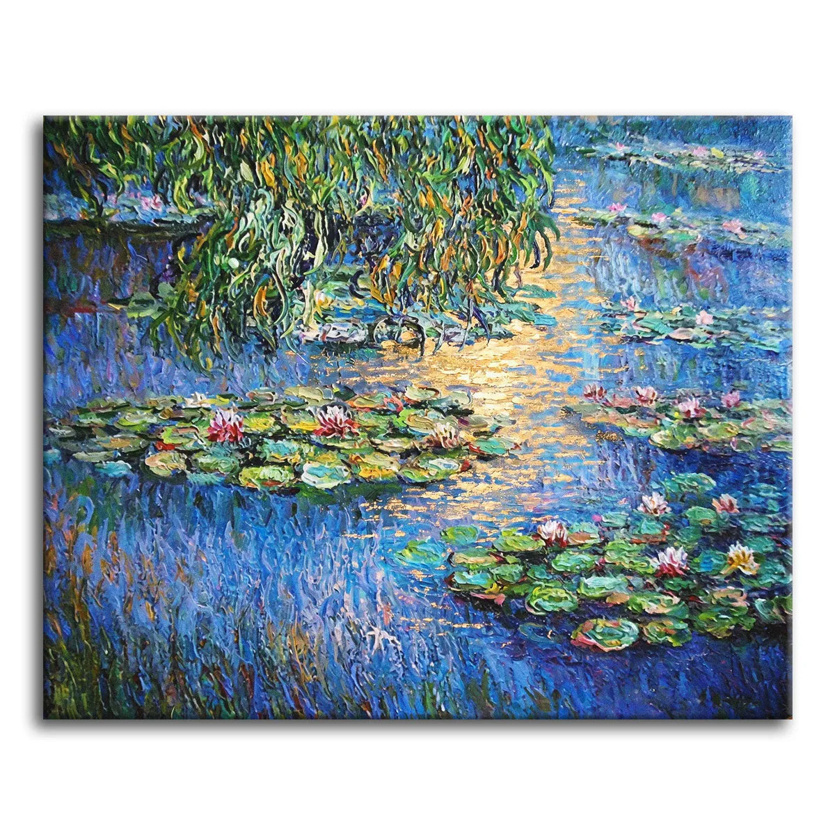 A paint by numbers Impressionist lily pond with trailing willow branches, a gold sunlight reflection, and pink water lilies on blue water.