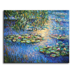 A paint by numbers Impressionist lily pond with trailing willow branches, a gold sunlight reflection, and pink water lilies on blue water.