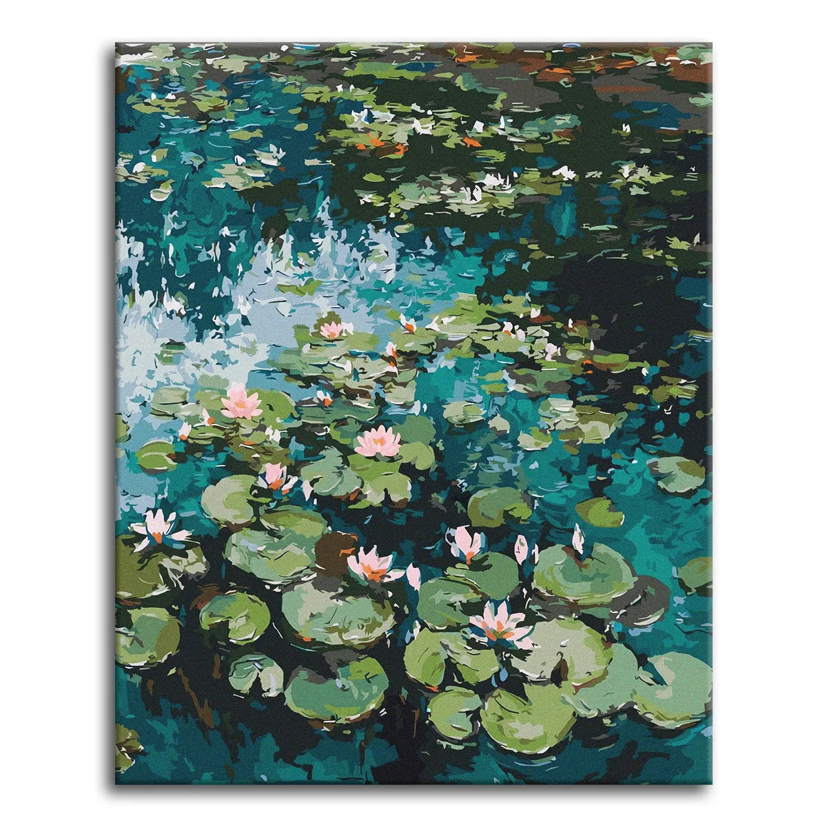 A paint by numbers teal lily pond with pink water lilies and crowded green lily pads seen from above.