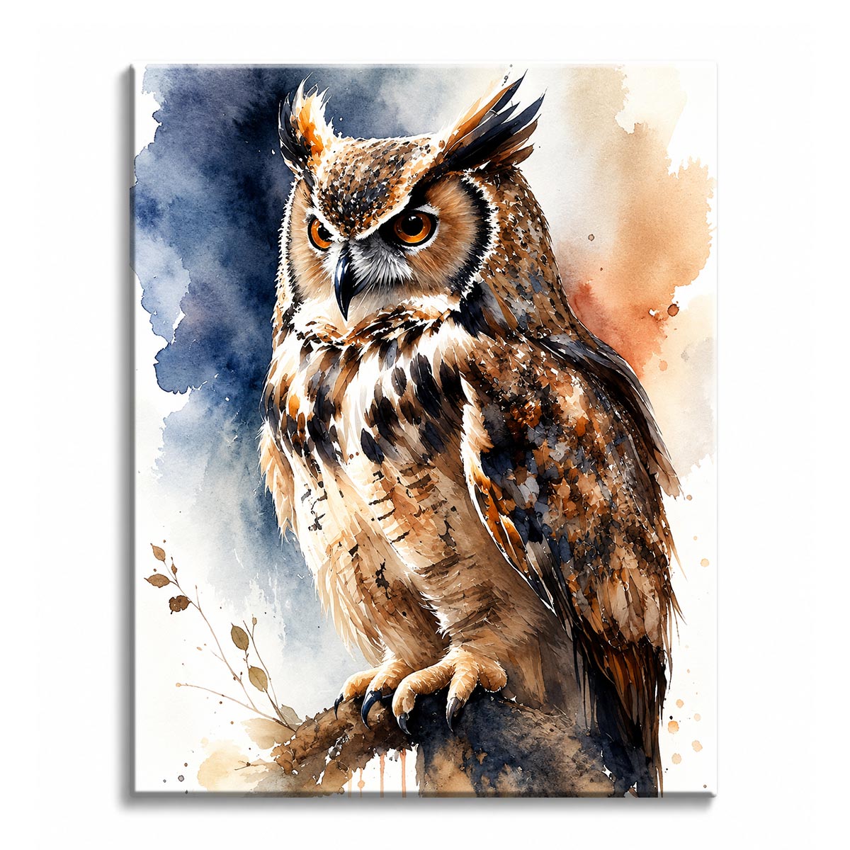 A watercolor paint by numbers canvas of a great horned owl with amber eyes, painted in loose indigo and rust washes with soft bleeding edges.