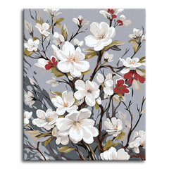 White and red blossoms on branches against a soft grey background in a clean modern style, shown as a paint by numbers canvas.