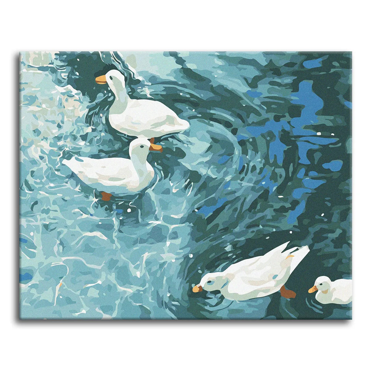 A paint by numbers scene of five white ducks with orange bills swimming across rippling teal and blue water.