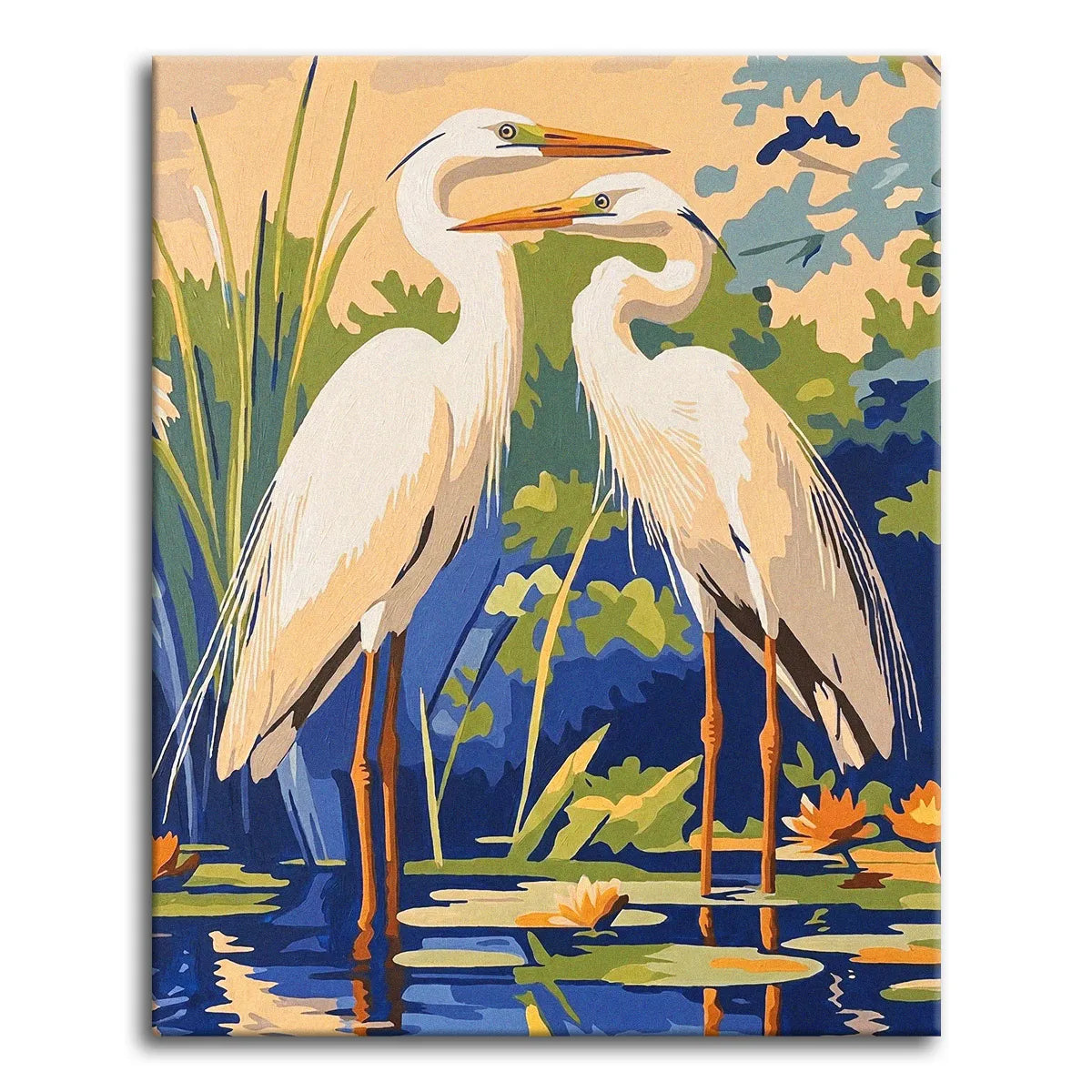 A bold, graphic paint by numbers scene of two white egrets standing side by side in shallow blue water, with reeds, green lily pads, and orange water lilies reflected around their long legs.