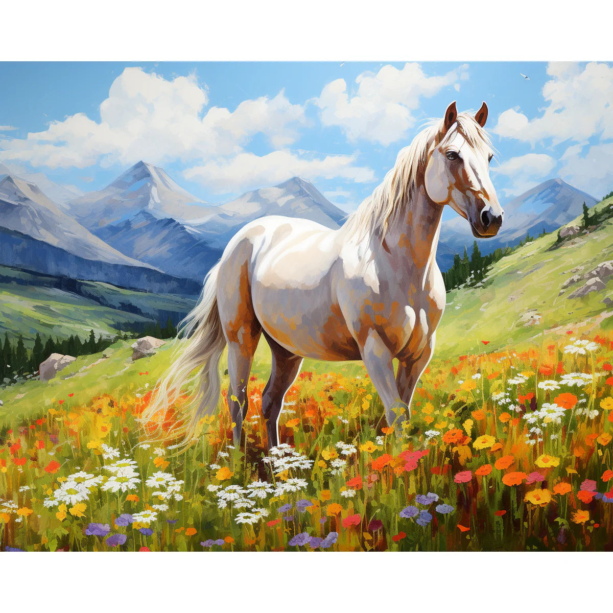 White Horse in Mountain Meadow Paint by Numbers Kit-2