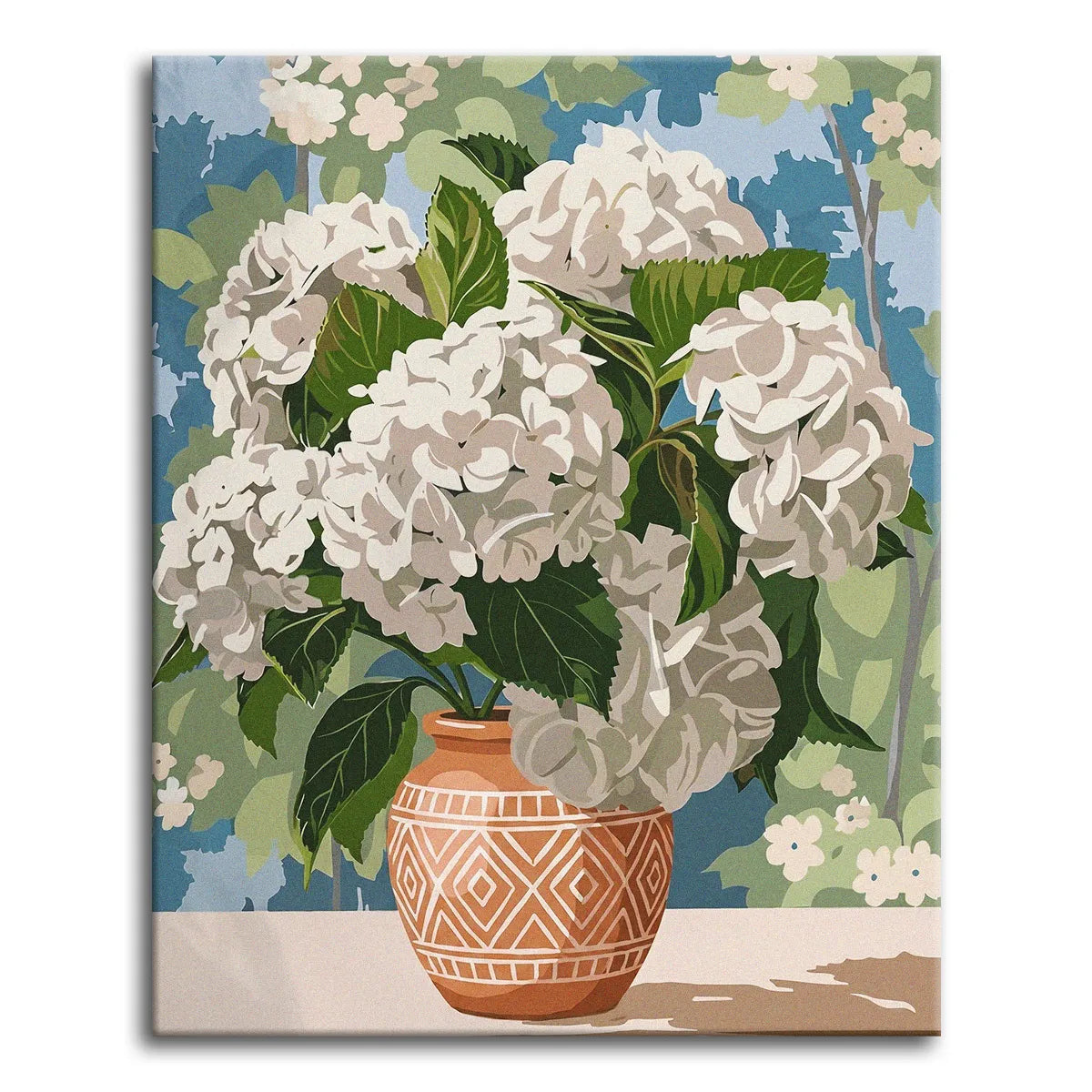 A flat, graphic paint by numbers still life of white hydrangeas with green leaves in a patterned terracotta vase, set against a soft blue and sage-green background.