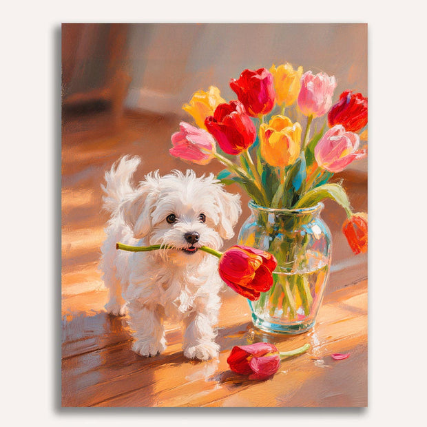 White Puppy with Tulips Paint by Numbers Kit