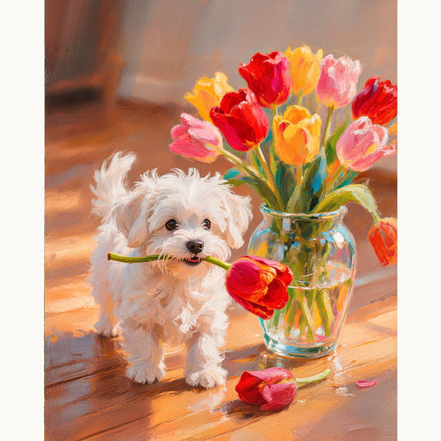 White Puppy with Tulips Paint by Numbers Kit