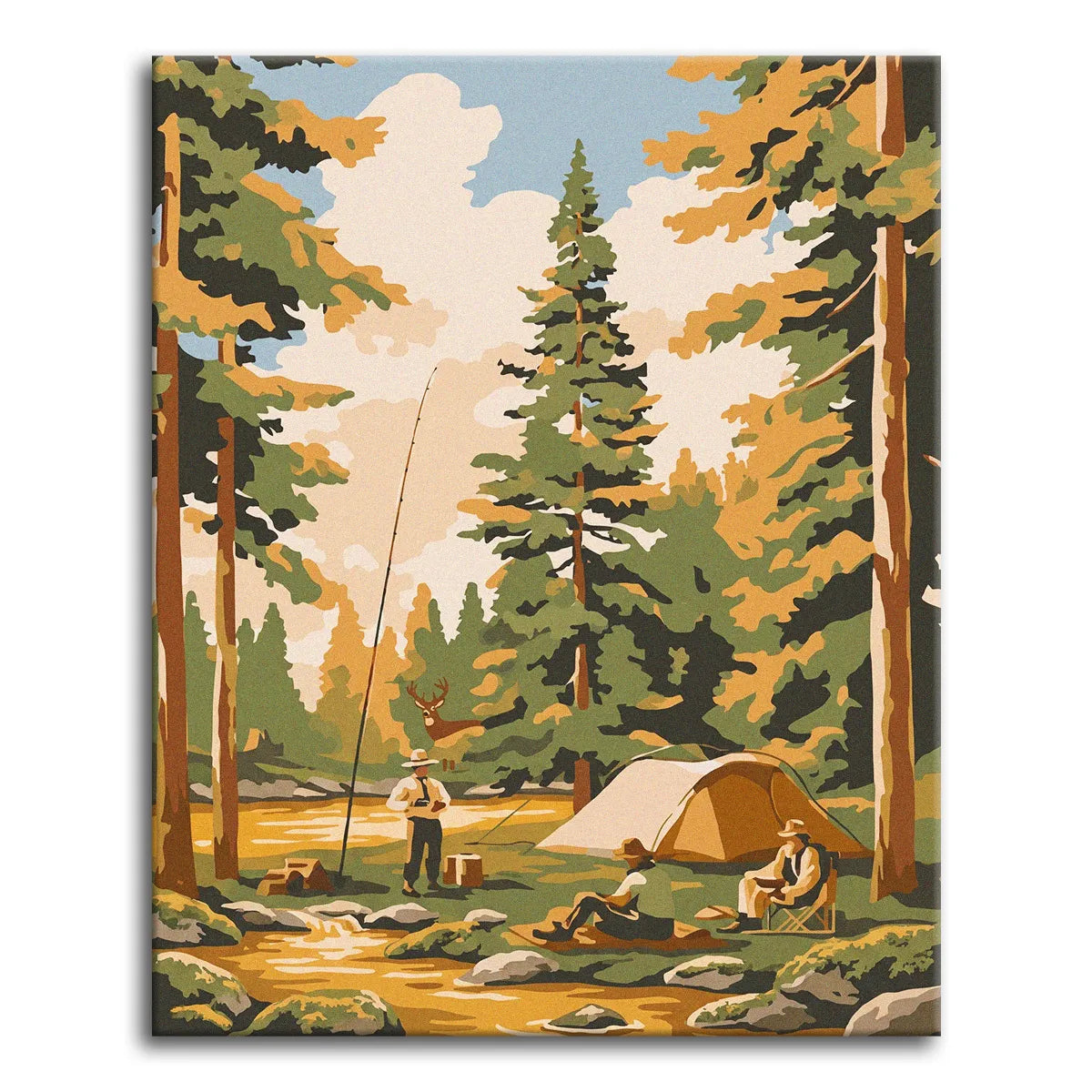 A vintage paint by numbers scene of campers fishing by a forest stream with a tent among tall pine trees, a deer watching from the woods, under a bright cloudy sky.