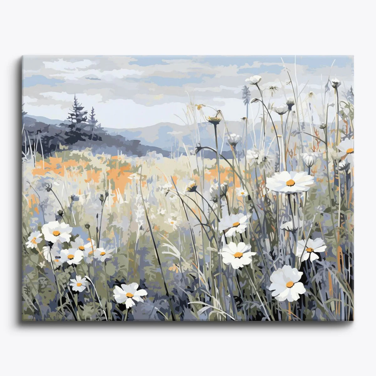 Wildflower meadow paint by numbers design with white daisies and distant hills