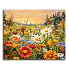 A summer meadow full of daisies, poppies, and wildflowers glowing under a warm sunset sky with distant pines and hills, shown as a paint by numbers canvas.