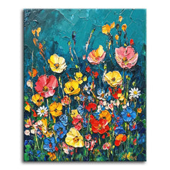 A meadow of pink, yellow, red, and blue wildflowers in a bold palette-knife style against a deep teal background, shown as a paint by numbers canvas.