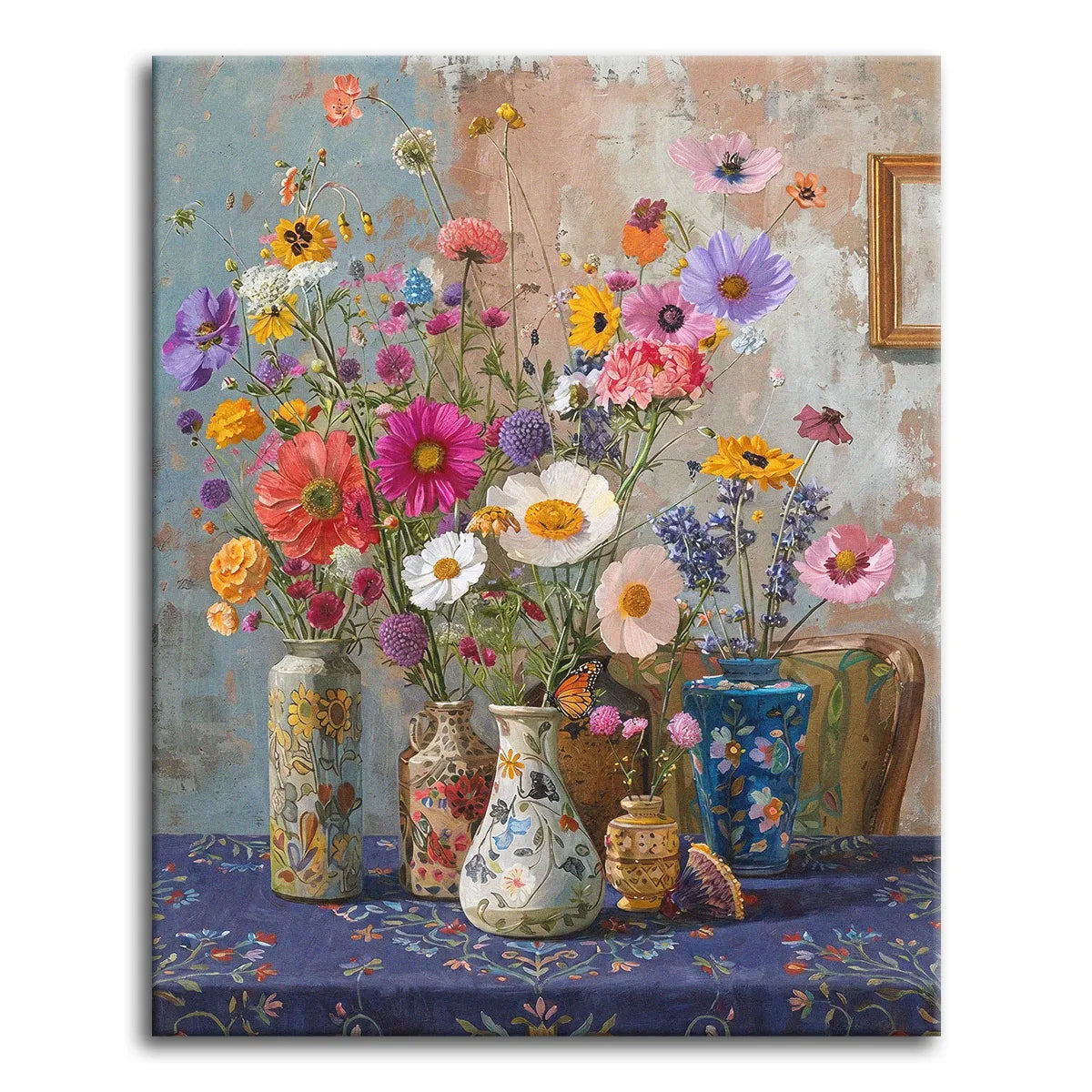 Cosmos, poppies, daisies, and lavender in patterned ceramic vases on an embroidered indigo cloth against a weathered wall, shown as a paint by numbers canvas.