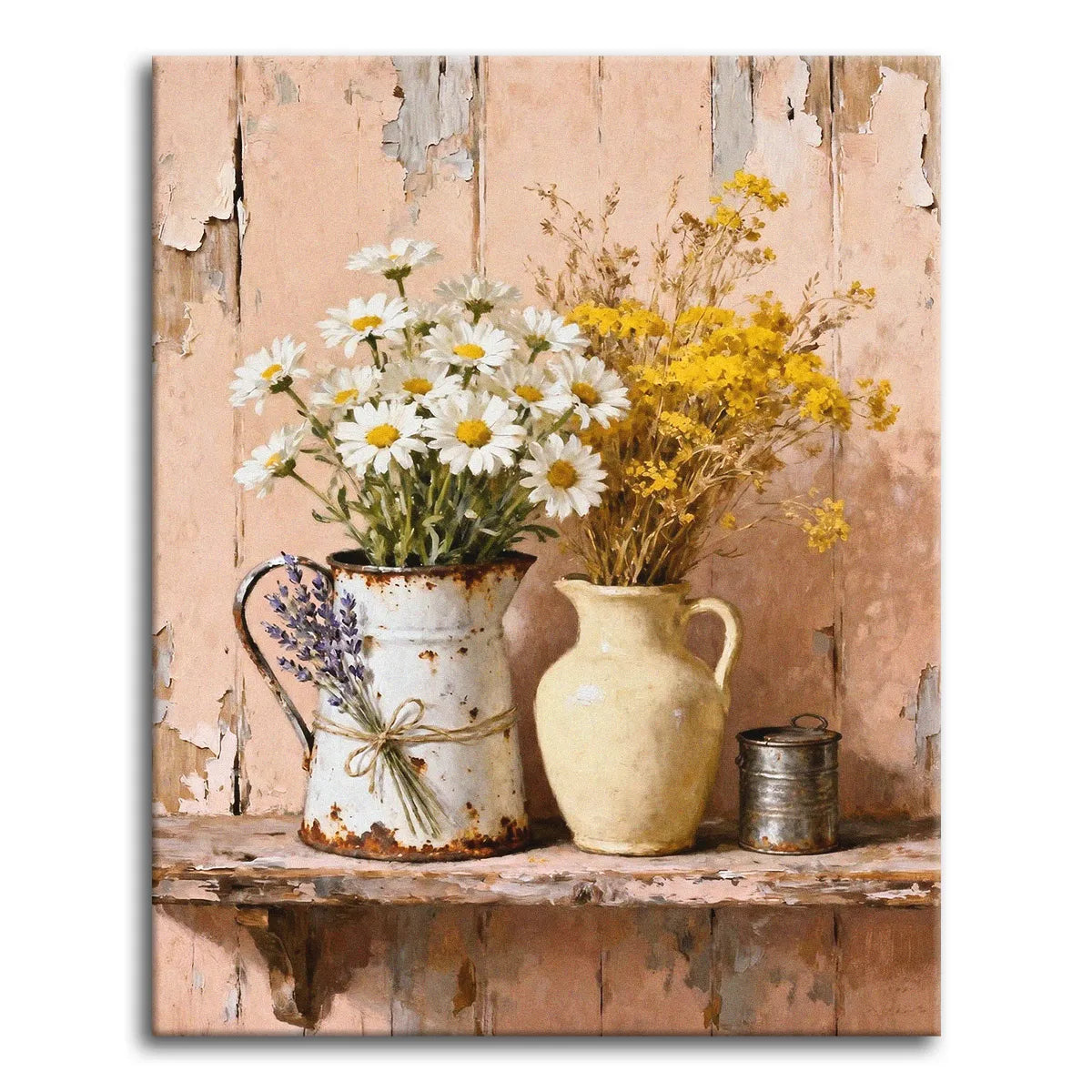 A textured oil-style paint by numbers still life of white daisies and golden wildflowers in a rustic enamel pitcher and cream jug, with a bunch of lavender, against a weathered peeling-paint wood wall.